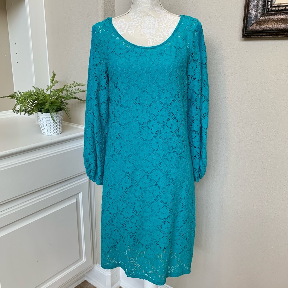 👗Laundry by Design Turquoise Lace Long Sleeve Sheath Dress Ladies Size 8